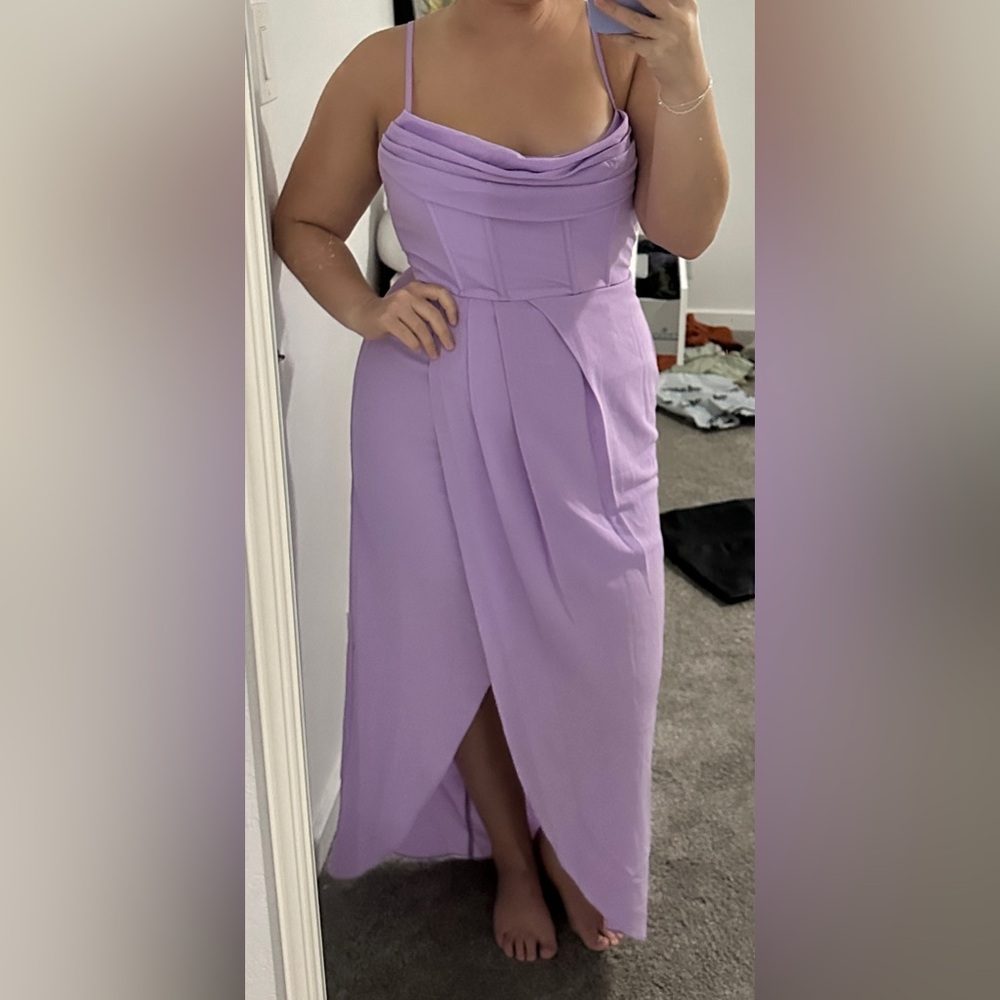 ANDRINA MIDI DRESS - HIGH LOW WRAP CORSET DRESS IN LILAC